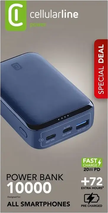 Cellularline Essence 10000mAh 20W Power Bank, Blue, Power Delivery PD Fast Charging, USB-C and USB-A Ports, Compact Portable External Battery