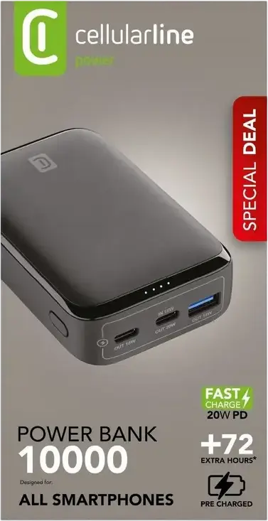 Cellularline Essence 10000mAh 20W Power Bank, Black, Power Delivery PD Fast Charging, USB-C and USB-A Ports, Compact Portable External Battery