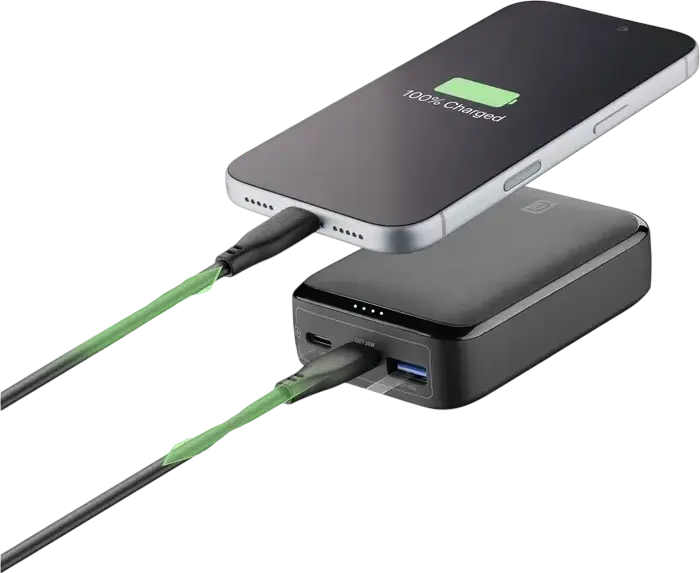 Cellularline Essence 10000mAh 20W Power Bank, Black, Power Delivery PD Fast Charging, USB-C and USB-A Ports, Compact Portable External Battery