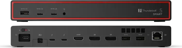 Док-станция Lenovo ThinkPad Thunderbolt 5 Smart Dock 7500, пропускная способность 120 Гбит/с, PD 3.1 180 Вт, адаптер 265 Вт, 2x DP 2.1, 1x HDMI 2.1, 2x TB5, 12 портов, поддержка 8K, черный