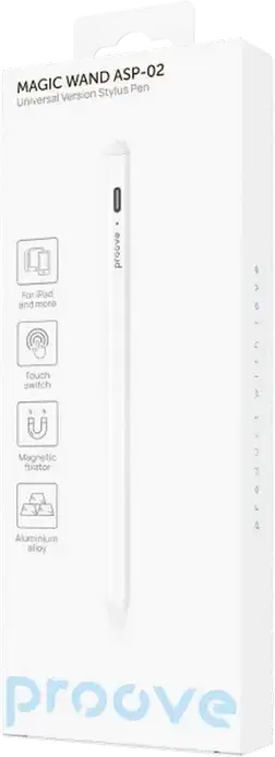 Proove Magic Wand ASP-02 Universal Stylus Pen, White, Aluminum Alloy, Active Mode for iPad and Passive Mode for Capacitive Screens, USB-C, 9h Battery