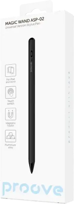 Proove Magic Wand ASP-02 Universal Stylus Pen, Black, Aluminum Alloy, Active Mode for iPad and Passive Mode for Capacitive Screens, USB-C, 9h Battery