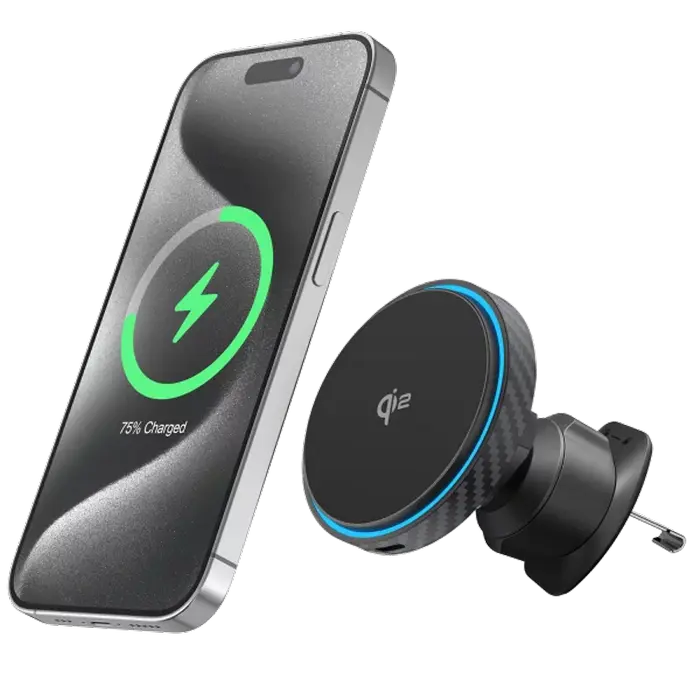 Suport Auto Proove Graphite Circle Qi2, Incarcator Wireless 15W Magnetic, Fixare Grila Ventilatie, USB Type-C, ABS + PC, Rotire 360 grade, Negru