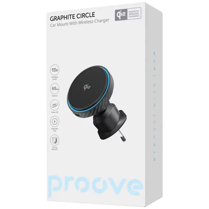Suport Auto Proove Graphite Circle Qi2, Incarcator Wireless 15W Magnetic, Fixare Grila Ventilatie, USB Type-C, ABS + PC, Rotire 360 grade, Negru