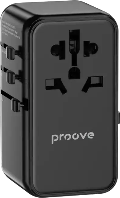 Proove Trip 85W GaN III Universal Travel Adapter TATR85130001, 4 Ports (3x USB-C, 1x USB-A), PD 3.0 QC4+, 2500W Max, USA EU UK AUS, Black