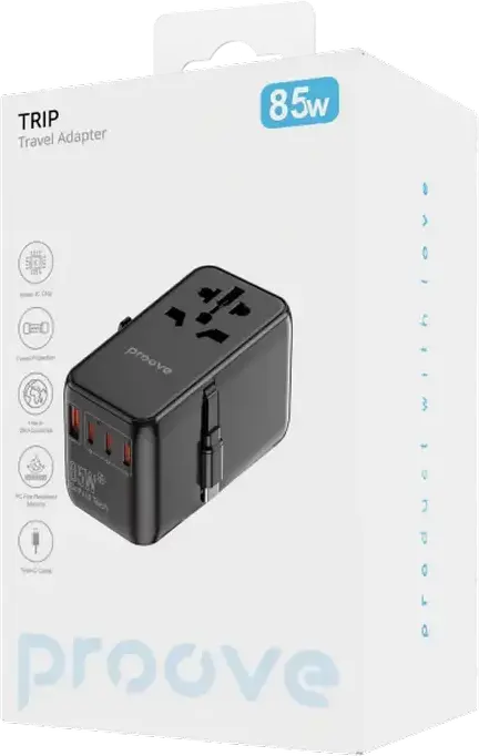 Proove Trip 85W GaN III Universal Travel Adapter TATR85130001, 4 Ports (3x USB-C, 1x USB-A), PD 3.0 QC4+, 2500W Max, USA EU UK AUS, Black