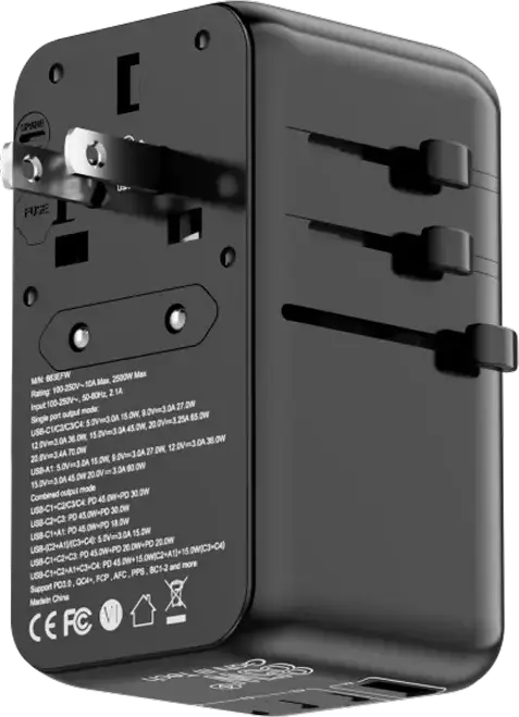 Proove Trip 85W GaN III Universal Travel Adapter TATR85130001, 4 Ports (3x USB-C, 1x USB-A), PD 3.0 QC4+, 2500W Max, USA EU UK AUS, Black