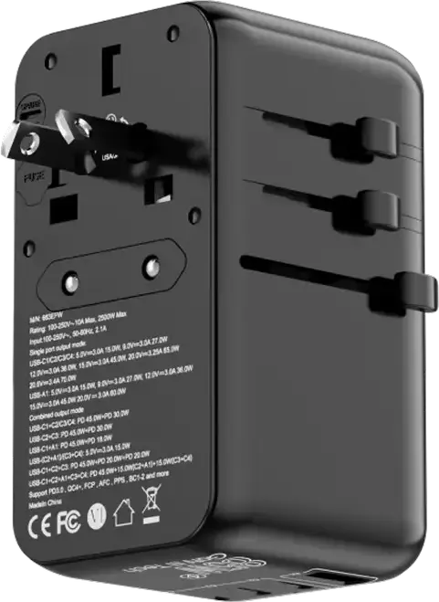 Proove Trip 85W GaN III Universal Travel Adapter TATR85130001, 4 Ports (3x USB-C, 1x USB-A), PD 3.0 QC4+, 2500W Max, USA EU UK AUS, Black