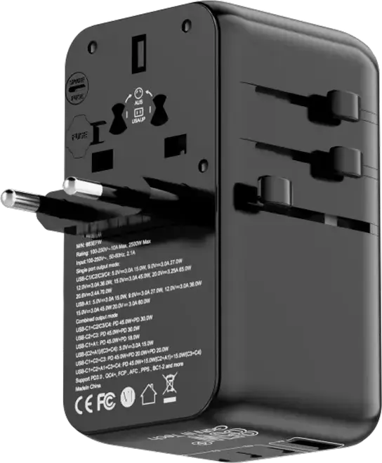 Proove Trip 85W GaN III Universal Travel Adapter TATR85130001, 4 Ports (3x USB-C, 1x USB-A), PD 3.0 QC4+, 2500W Max, USA EU UK AUS, Black