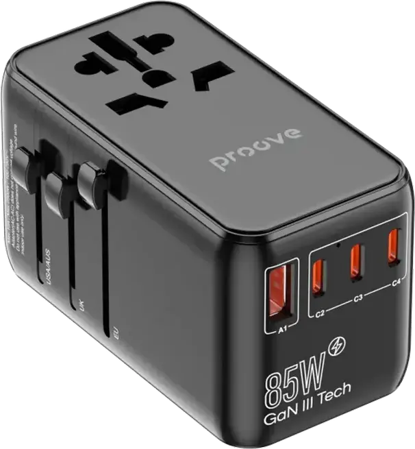 Proove Trip 85W GaN III Universal Travel Adapter TATR85130001, 4 Ports (3x USB-C, 1x USB-A), PD 3.0 QC4+, 2500W Max, USA EU UK AUS, Black