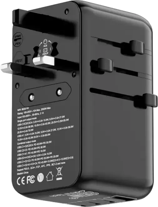 Proove Trip 85W GaN III Universal Travel Adapter TATR85130001, 4 Ports (3x USB-C, 1x USB-A), PD 3.0 QC4+, 2500W Max, USA EU UK AUS, Black