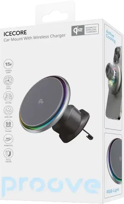 Proove Icecore Qi2 WHIC15002003 Wireless Car Charger Holder, 15W Fast Charging, Active Cooling System, RGB Light, 360 Rotation Air Vent Mount, Gray