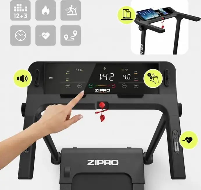 Zipro Pacto iConsole+ Electric Treadmill, 16 km/h Max Speed, 1260W Motor, 130 kg Max User Weight, Comfort+ Protect Amortization, Flat Fold System