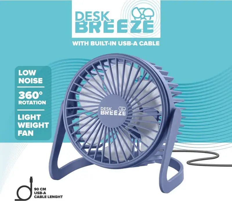 Cellularline Desk Breeze USB Axial Desk Fan, Violet, with 360-degree Vertical Swivel, 6 Blades, Low Noise, Built-in 90cm USB-A Cable, Plastic, 145x145x113mm