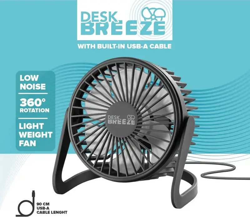 Ventilator de Masa Axial USB Cellularline Desk Breeze, Negru, cu Rotire Verticala 360 grade, 6 Pale, Zgomot Redus, Cablu USB-A Integrat 90cm, Plastic