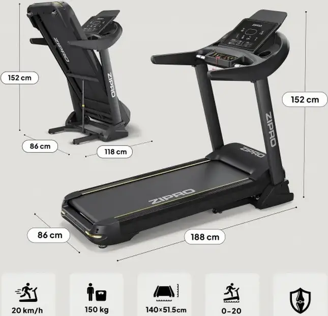 Zipro Pacemaker iConsole+ Electric Folding Treadmill, 140x51.5 cm Running Area, LED Console, App Connectivity, Black and Gold, Home Indoor Use
