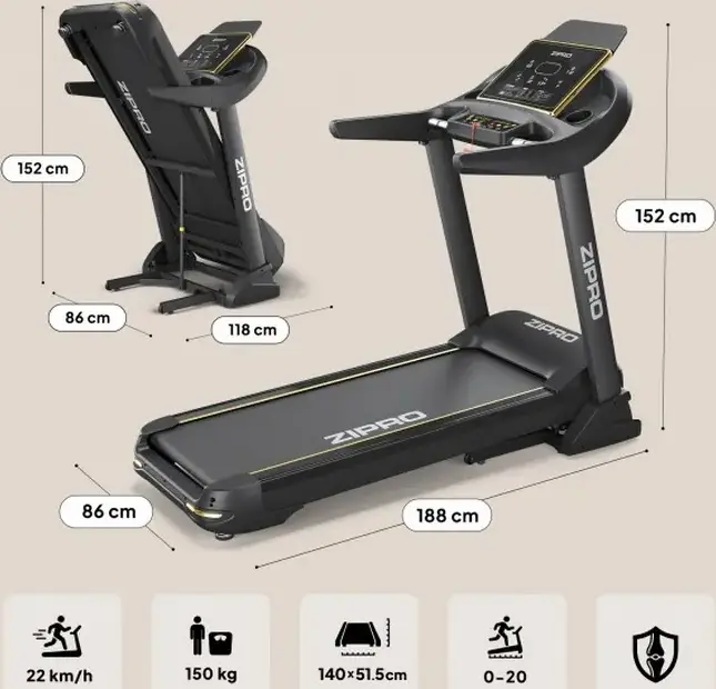 Zipro Pacemaker Gold iConsole+ Electric Folding Treadmill, 22 km/h Max Speed, 150 kg Max User Weight, LED Display, Bluetooth, 99 Programs, Black/Gold