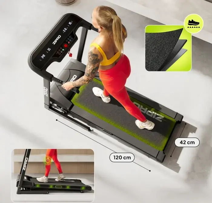 Zipro Pulse Foldable Home Treadmill, 12 km/h Max Speed, 15% Incline, Comfort Protect Shock Absorption, 130 kg Max User Weight, Body Fat Measurement