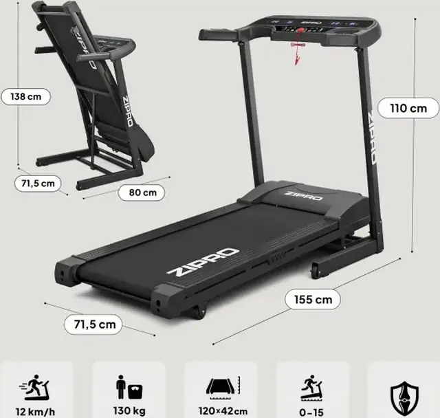 Zipro Pulse Foldable Home Treadmill, 12 km/h Max Speed, 15% Incline, Comfort Protect Shock Absorption, 130 kg Max User Weight, Body Fat Measurement