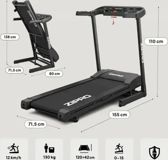 Zipro Pulse Foldable Home Treadmill, 12 km/h Max Speed, 15% Incline, Comfort Protect Shock Absorption, 130 kg Max User Weight, Body Fat Measurement