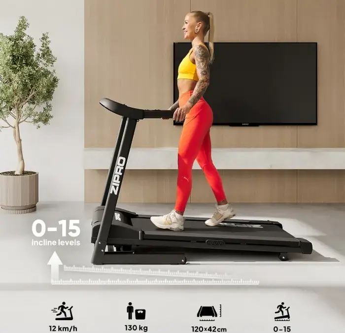 Zipro Pulse Foldable Home Treadmill, 12 km/h Max Speed, 15% Incline, Comfort Protect Shock Absorption, 130 kg Max User Weight, Body Fat Measurement
