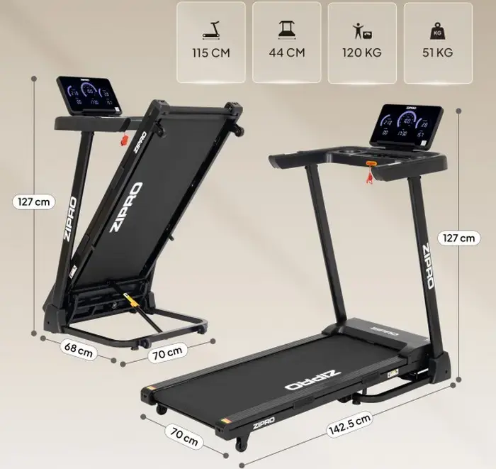 Zipro Luma Foldable Treadmill, 900W Motor, 0.8-12 km/h, 12 Electronic Incline Levels, AirCushion Pro Shock Absorption, Bluetooth, FitShow App, LCD Display
