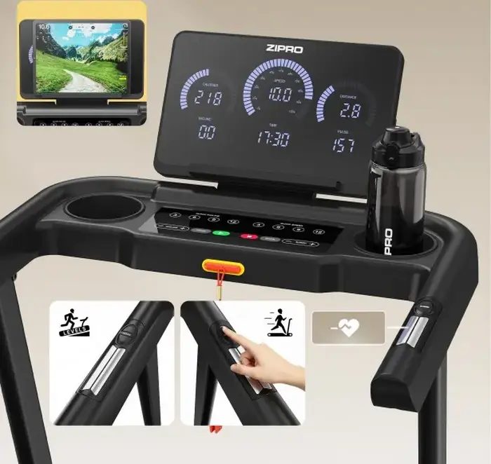 Zipro Luma Foldable Treadmill, 900W Motor, 0.8-12 km/h, 12 Electronic Incline Levels, AirCushion Pro Shock Absorption, Bluetooth, FitShow App, LCD Display