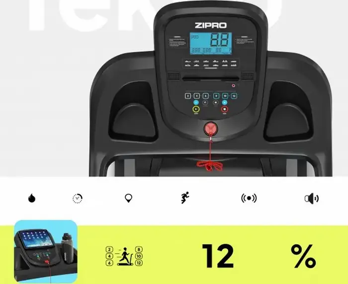 Zipro Tekno Foldable Treadmill for Home Fitness, 12% Max Incline, Digital Display for Speed and Calories, Space-Saving Design with Transport Wheels
