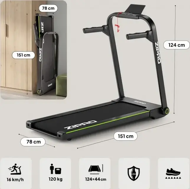 Zipro Jogger Folding Treadmill, 1080W Motor, 1-16 km/h Speed, 120 kg Max User Weight, 124x44 cm Running Belt, LED Touch Display, Bluetooth, 12 Programs