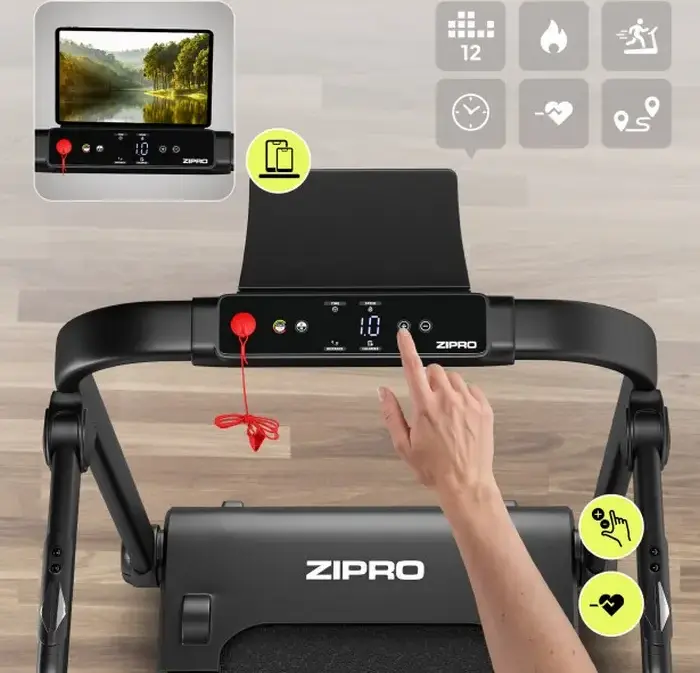 Zipro Jogger Folding Treadmill, 1080W Motor, 1-16 km/h Speed, 120 kg Max User Weight, 124x44 cm Running Belt, LED Touch Display, Bluetooth, 12 Programs