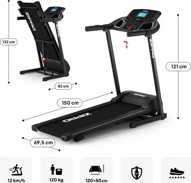 Zipro Colt Electric Folding Treadmill, 1080W Motor, 12 km/h Max Speed, VibGuard Cushioning, 12 Training Programs, LCD Display, Max 120 kg