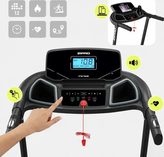 Zipro Colt Electric Folding Treadmill, 1080W Motor, 12 km/h Max Speed, VibGuard Cushioning, 12 Training Programs, LCD Display, Max 120 kg