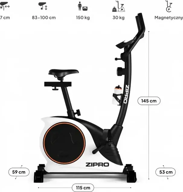 Zipro Nitro RS Magnetic Exercise Bike, 8kg Flywheel, 8 Resistance Levels, LCD Console, Pulse Sensors, Max User Weight 150kg, White and Black