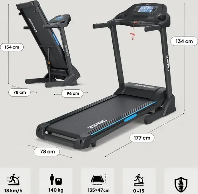 Zipro Notus Treadmill, 2.5 HP Motor, 18 km/h Max Speed, 0-15 Level Inclination, Air Cushion Pro, Foldable, Max User Weight 150 kg, 135 x 47 cm Belt