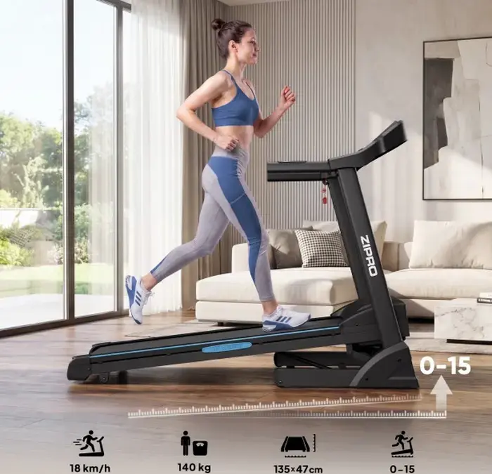 Zipro Notus Treadmill, 2.5 HP Motor, 18 km/h Max Speed, 0-15 Level Inclination, Air Cushion Pro, Foldable, Max User Weight 150 kg, 135 x 47 cm Belt