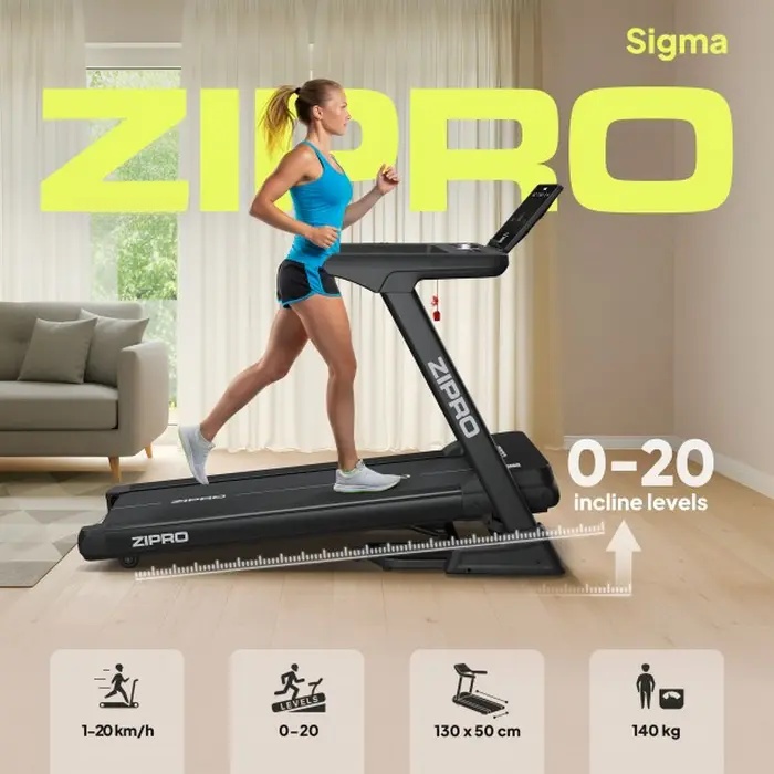 banda de alergat pliabila Zipro Sigma, Viteza 1-20 km/h, Inclinatie 0-20 nivele, Banda de alergare 130x50 cm, Greutate Maxima 140 kg, Compatibila Kinomap si Zwift