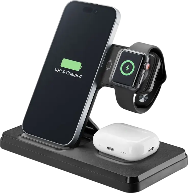 Cellularline Triple Station 3 in 1 Foldable Wireless Charging Station 15W Qi Fast Charge for Smartphone, Smartwatch and Earbuds, USB Type-C, Black