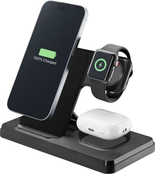 Cellularline Triple Station 3 in 1 Foldable Wireless Charging Station 15W Qi Fast Charge for Smartphone, Smartwatch and Earbuds, USB Type-C, Black