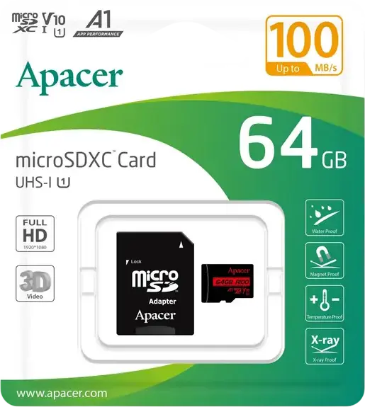 Apacer R100 microSDXC Memory Card 64GB UHS-I U1 V10 A1 Class 10, 100MB/s Read/Write, Full HD 1080p, Waterproof, X-Ray Proof, with SD Adapter