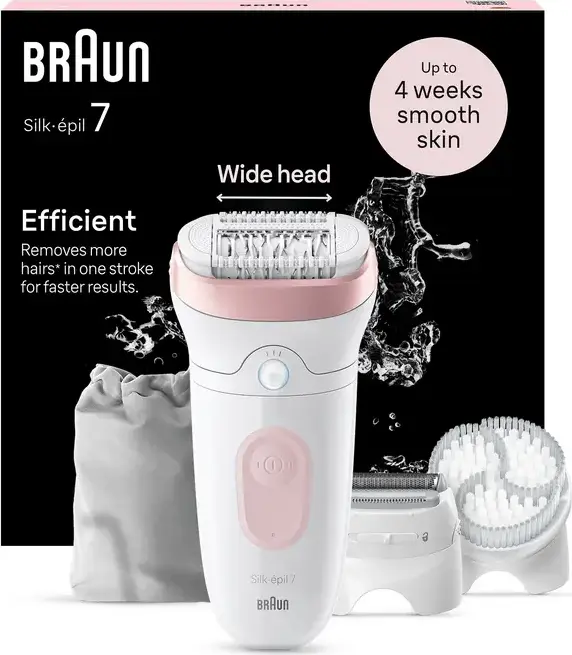 Эпилятор Braun Silk-épil 7 7-060 Wet & Dry, 40 пинцетов, технология Micro-Grip, Smart Light, насадки для бритья и эксфолиации, белый/розовый