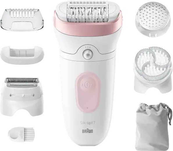 Эпилятор Braun Silk-épil 7 7-060 Wet & Dry, 40 пинцетов, технология Micro-Grip, Smart Light, насадки для бритья и эксфолиации, белый/розовый