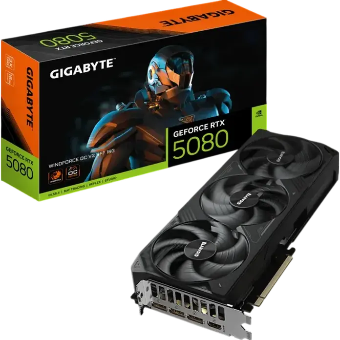 Gigabyte GeForce RTX 5080 Windforce OC V2 SFF Graphics Card, 16GB GDDR7, Blackwell Architecture, GV-N5080WF3OCV2-16GD, PCI-E 5.0, Triple Fan Cooling