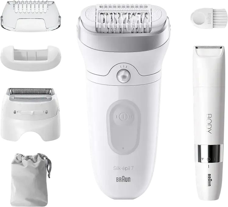 Epilator Braun Silk-épil 7 SE7441 Umed și Uscat, 40 Pense MicroGrip, SmartLight, Cap Masaj, Capete pentru Ras și Trimare, Alb, Fara Fir