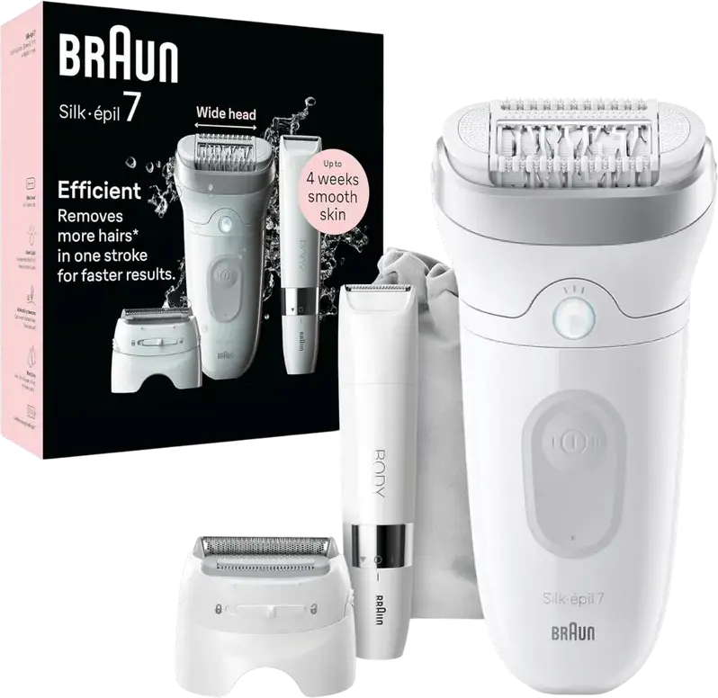 Epilator Braun Silk-épil 7 SE7441 Umed și Uscat, 40 Pense MicroGrip, SmartLight, Cap Masaj, Capete pentru Ras și Trimare, Alb, Fara Fir