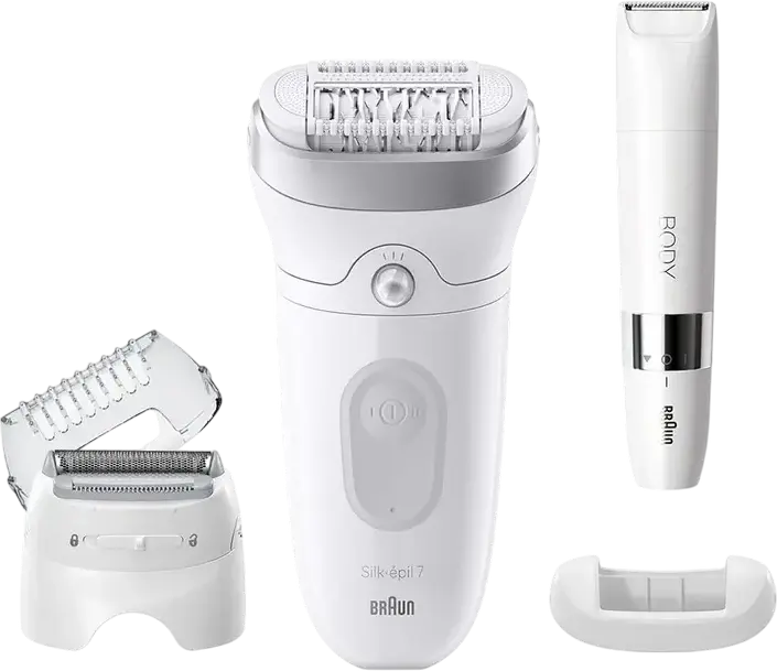 Epilator Braun Silk-épil 7 SE7441 Umed și Uscat, 40 Pense MicroGrip, SmartLight, Cap Masaj, Capete pentru Ras și Trimare, Alb, Fara Fir