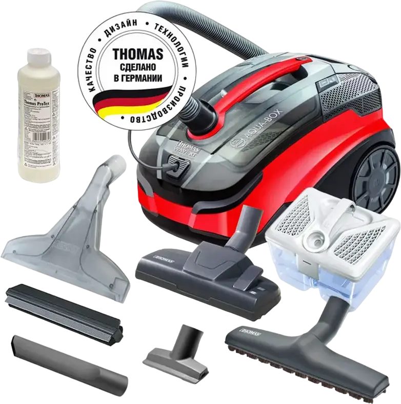 Thomas Wave XT Aqua-Box Vacuum Cleaner, 1600W, 320W Suction, HEPA 13 Filter, Wet and Dry Cleaning, Water Filtration, Black and Red, Made in Germany