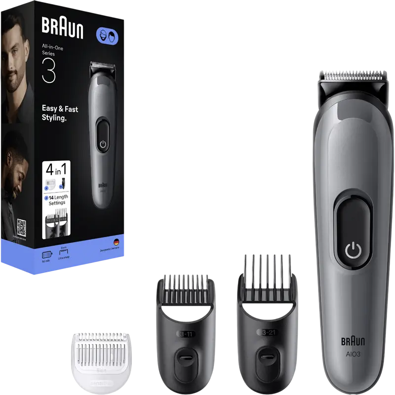 Braun All-in-One Series 3 AIO3500 4-in-1 Grooming Kit, Stainless Steel Ultra Sharp Blades, 14 Length Settings 0.5-21mm, 50 Min Runtime, Grey