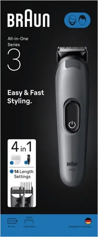 Braun All-in-One Series 3 AIO3500 4-in-1 Grooming Kit, Stainless Steel Ultra Sharp Blades, 14 Length Settings 0.5-21mm, 50 Min Runtime, Grey