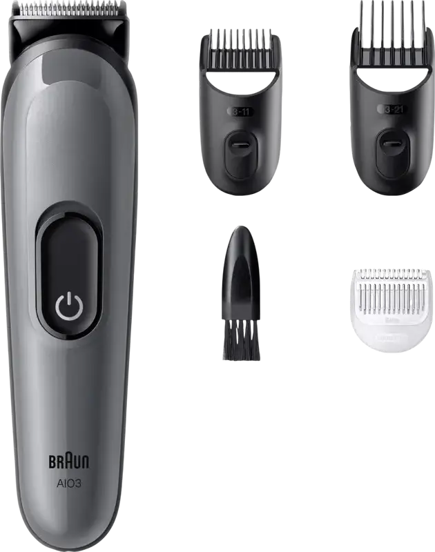 Braun All-in-One Series 3 AIO3500 4-in-1 Grooming Kit, Stainless Steel Ultra Sharp Blades, 14 Length Settings 0.5-21mm, 50 Min Runtime, Grey