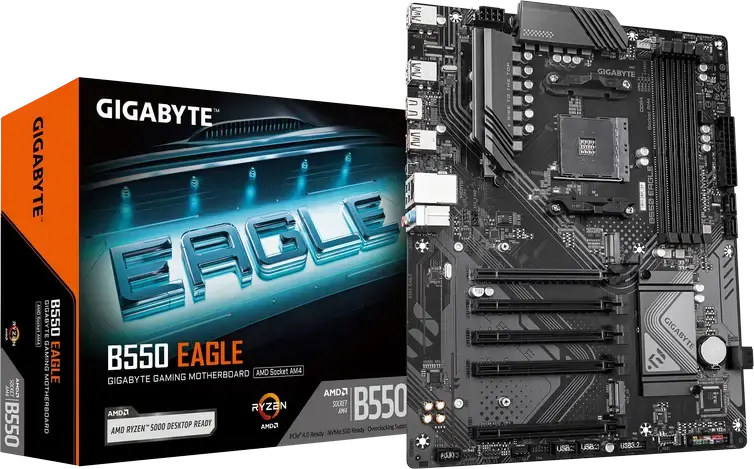 Gigabyte B550 EAGLE ATX Motherboard, AMD AM4 Socket, B550 Chipset, DDR4 3200MHz, 128GB Max RAM, PCIe Gen4 M.2, Gigabit Ethernet, HDMI, USB Type-C